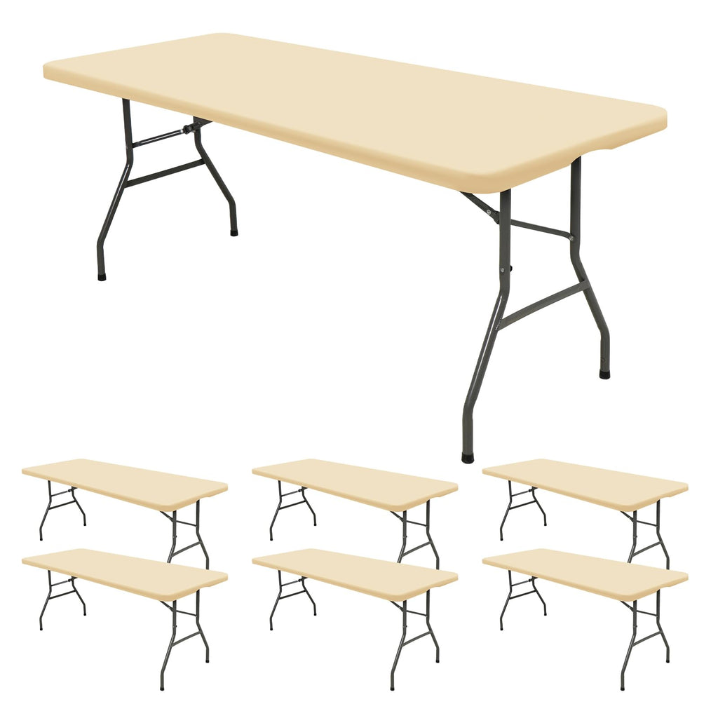 REWOMC 6 Pack Stretch Fabric Table Top Cap Cover, fits 8' Tables, Spandex Table Covers Washable Elastic Rectangle Tablecloth Protector for Indoor Outdoor Party Picnic Wedding, Beige, 30" W x 96" L
