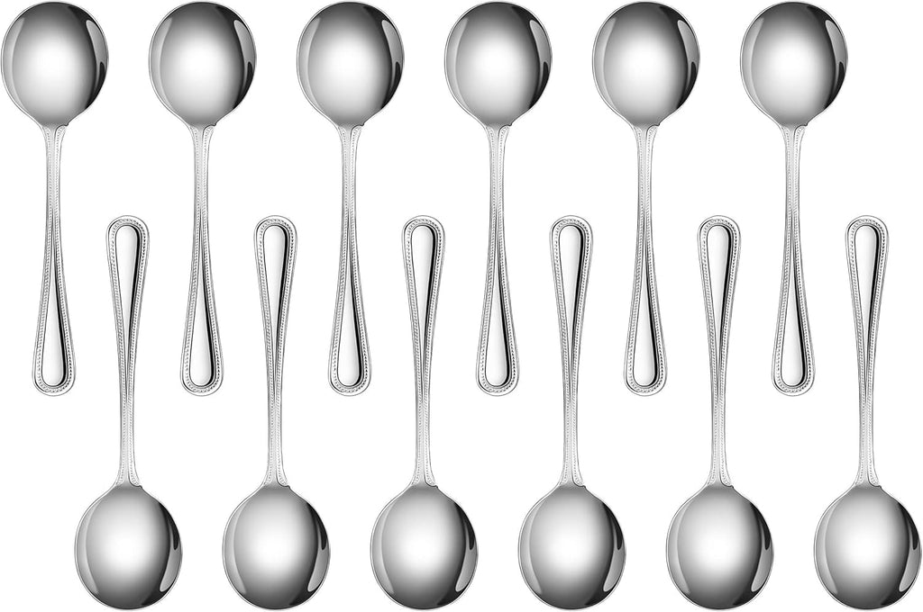 New Star Foodservice Bead Pattern 18/0 Stainless Steel Dinner/Dessert Spoon, 7.6-Inch, Set of 12, Commercial Grade