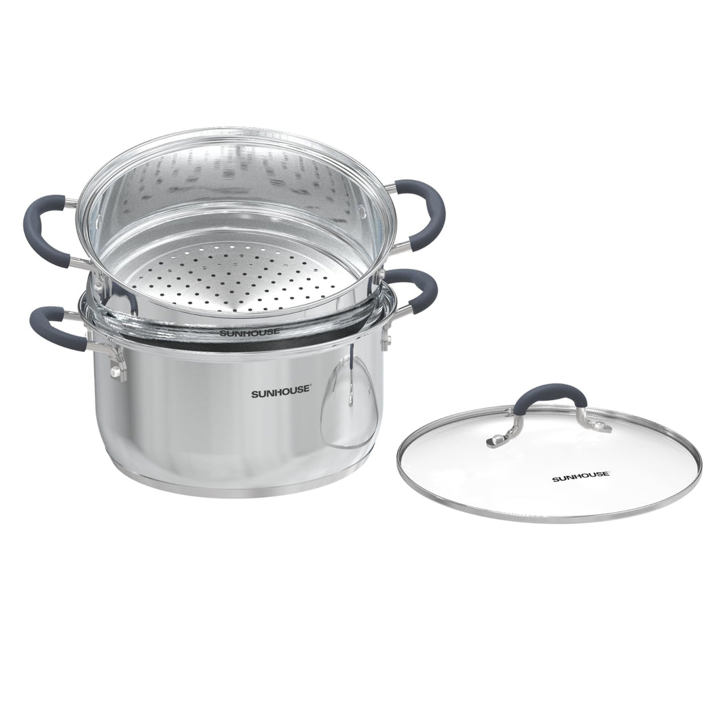 SUNHOUSE 6.3 QT Stainless Steel Steamer Pot for Cooking with Glass Lid