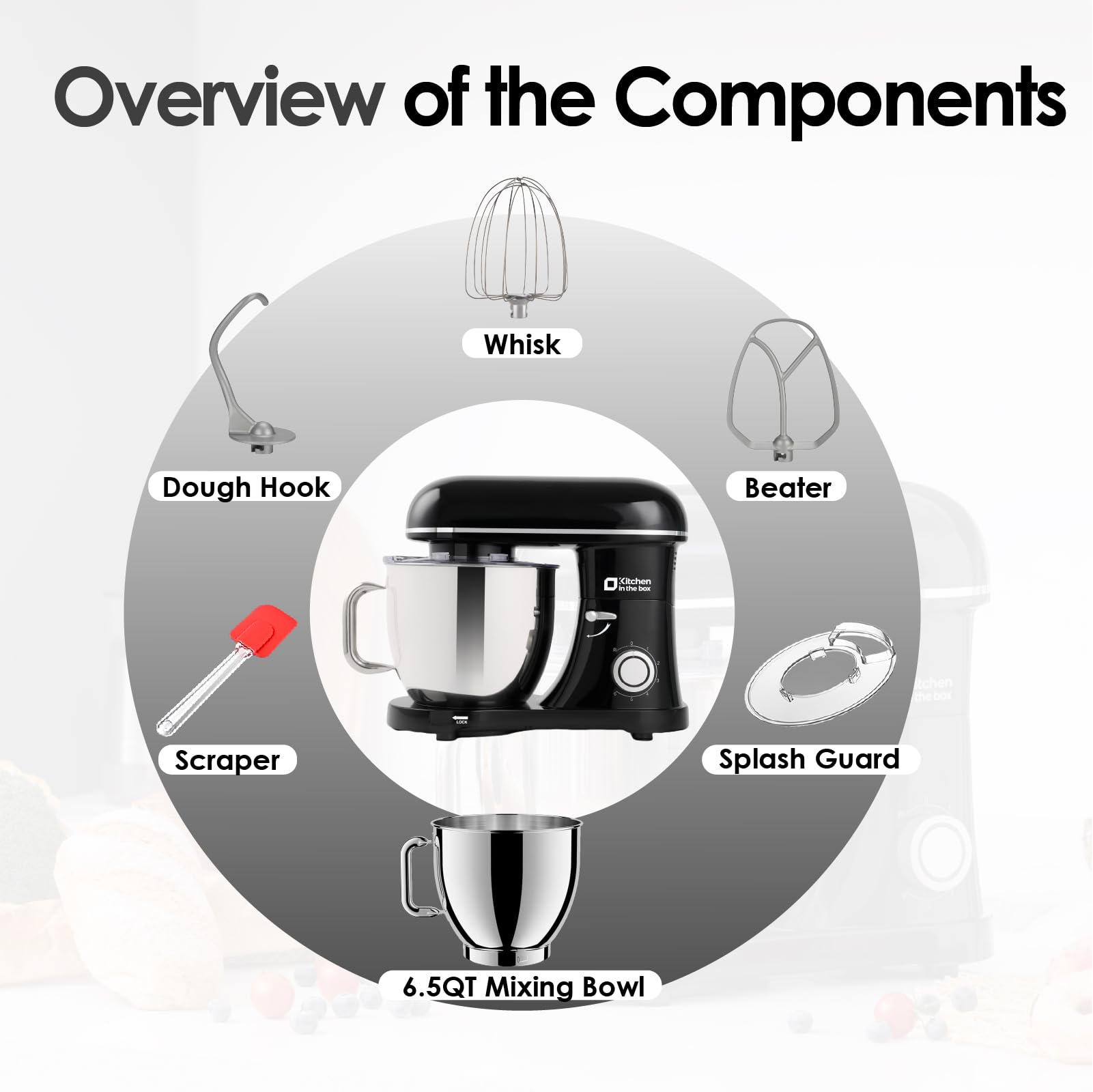 Kitchen in the box Stand Mixer - 6.5 Quart Mixing Bowl with Handle, 900 Watt Heavy Bread Dough Standing Mixers Tilt-head with Dough Hook, Whisk, Flat Beater and Splash Guard (Black)