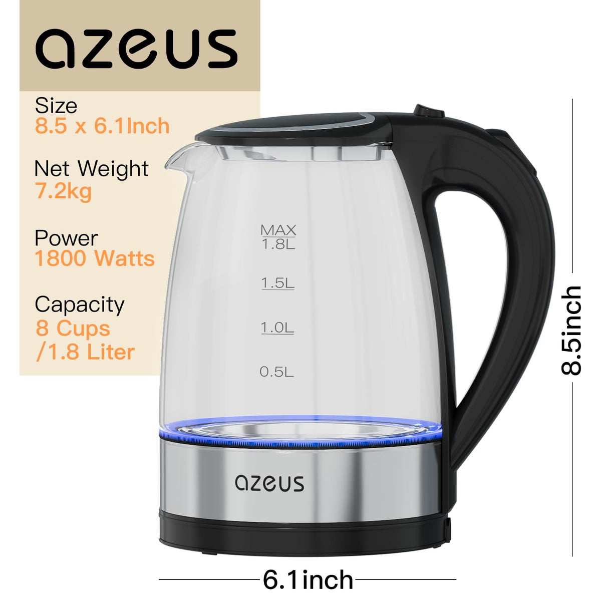 AZEUS Electric Kettle 1500W Tea Kettle, 1.8L Large Capacity with Auto Shut-Off and Boil-Dry Protection, BPA-Free