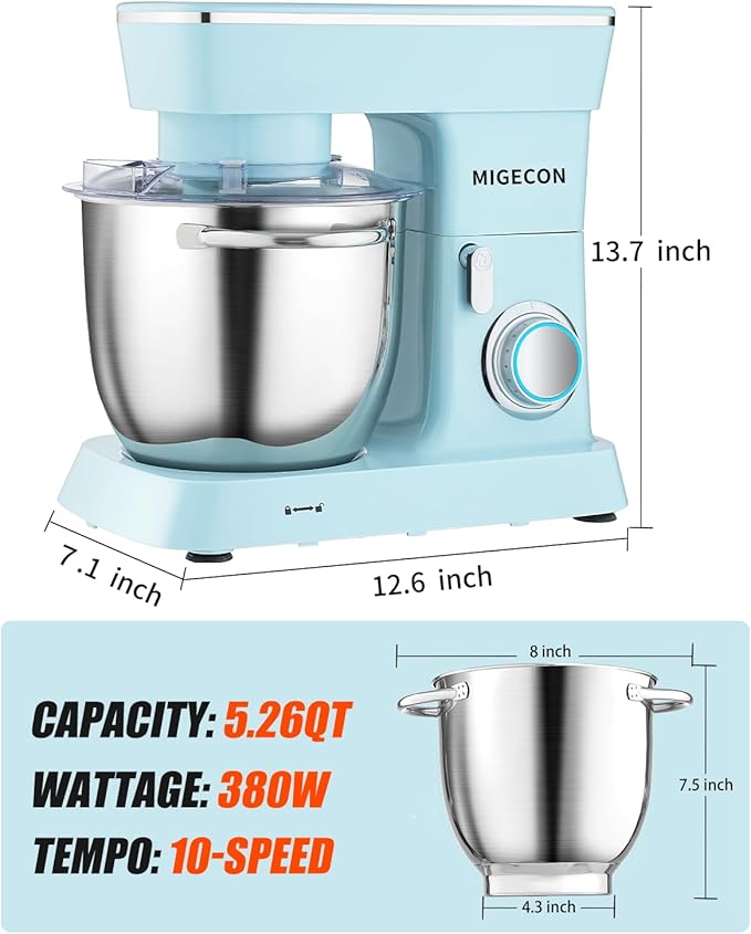 MIGECON Stand Mixer,Electric Food Mixer, Dough Hook, Flat Beater Attachments, Splash Guard 10 Speeds with Whisk, 5.26 QT Blue