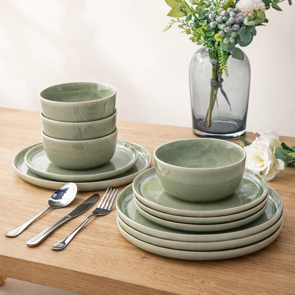 AmorArc Stoneware Dinnerware Sets for 4, 12Pcs Plates and Bowls Sets Dishes