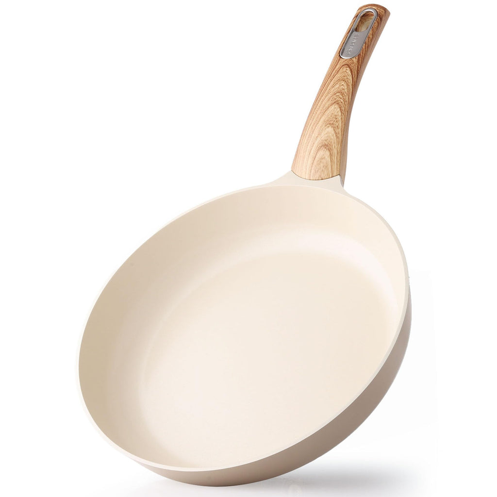 SENSARTE 9.5inch Ceramic Nonstick Frying Pan Paella Pan with Lid, Taupe