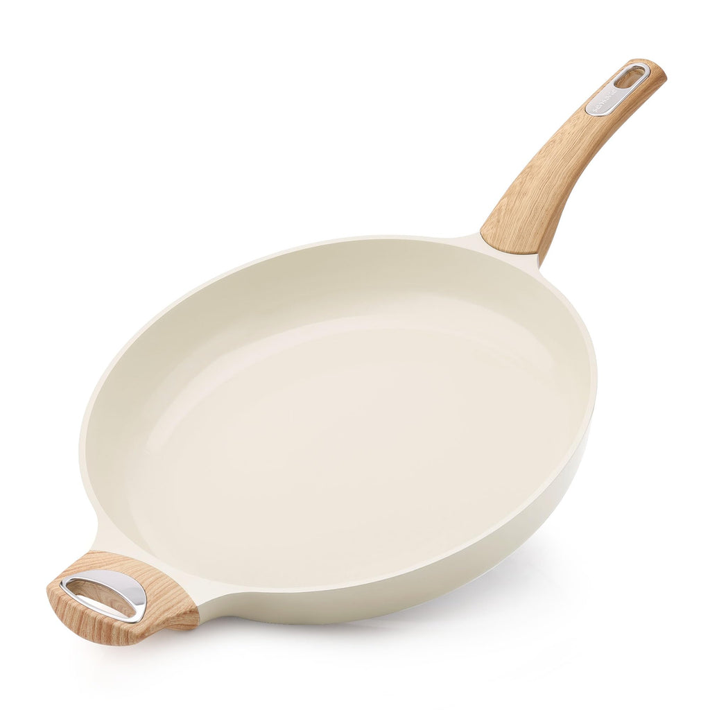 SENSARTE 9.5inch Ceramic Nonstick Frying Pan Paella Pan with Lid, Taupe