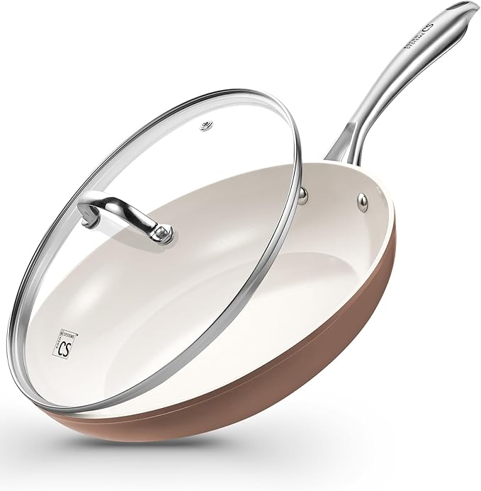 KOCH SYSTEME CS 10 Inch Ceramic Frying Pan with Lid, Non Stick Frying Pan with Stainless Steel Handle, Ceramic Skillet for Cooking, Induction Compatible Skillet, PTFE & PFOA Free, Oven Safe