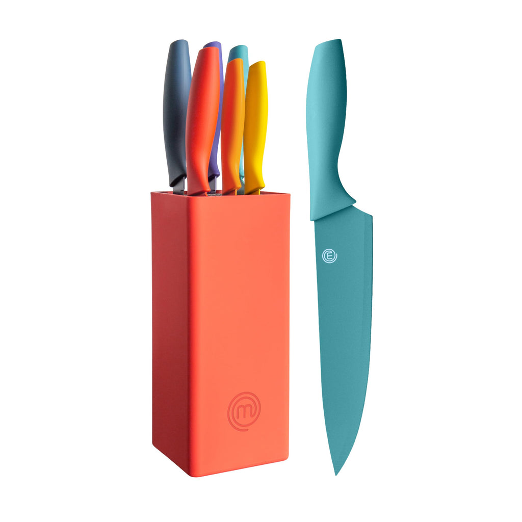 MasterChef Knife Set with Block, 7pc Kitchen Knives Set with Holder, Grey