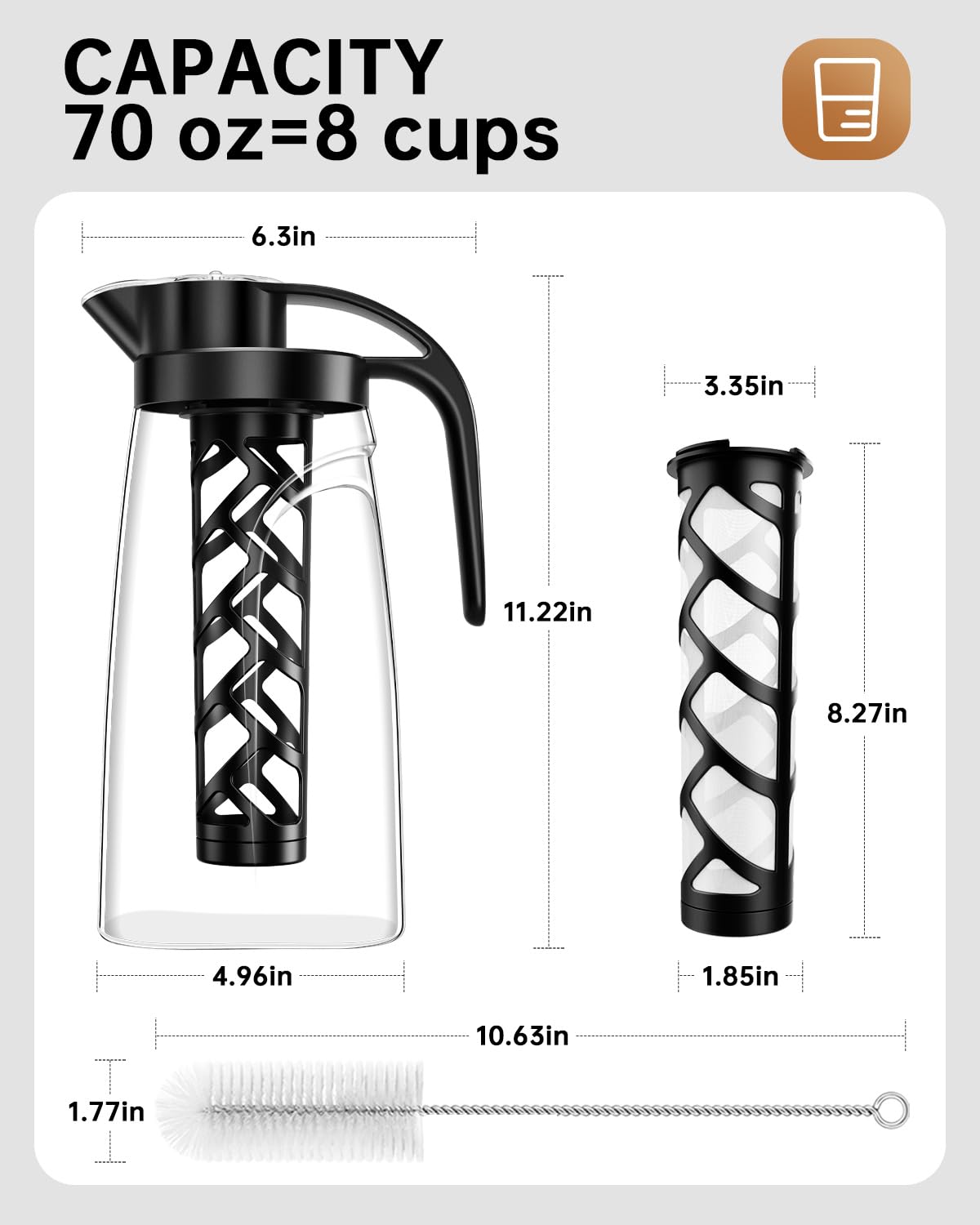 YURICK Cold Brew Coffee Maker, 70 oz (2100 ml) BPA Free Tritan Pitcher, Iced Coffee Maker and Tea Brewer, 100% Leak-Proof, Easy to Clean Reusable Mesh Filter, Black