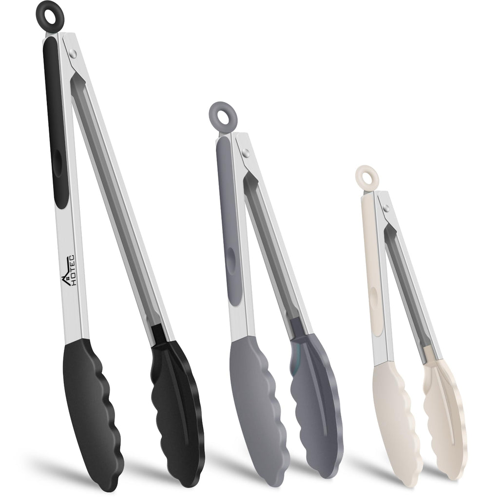 HOTEC Stainless Steel Kitchen Tongs with Silicone Tips, Set of 3-7",9" &12"