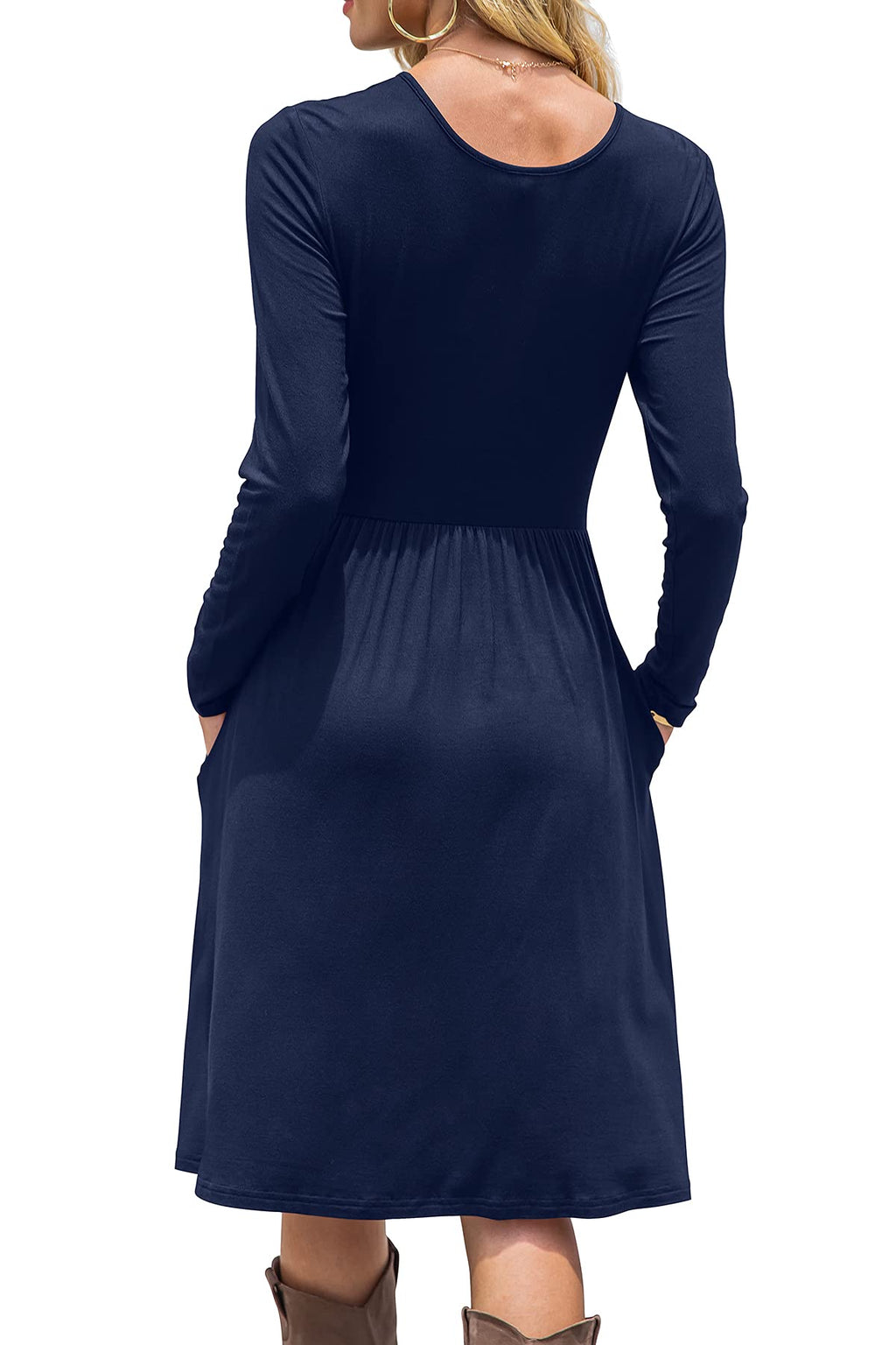DB MOON Women Casual Long Sleeve Dresses Empire Waist Loose Dress with Pockets (Navy Blue, S)