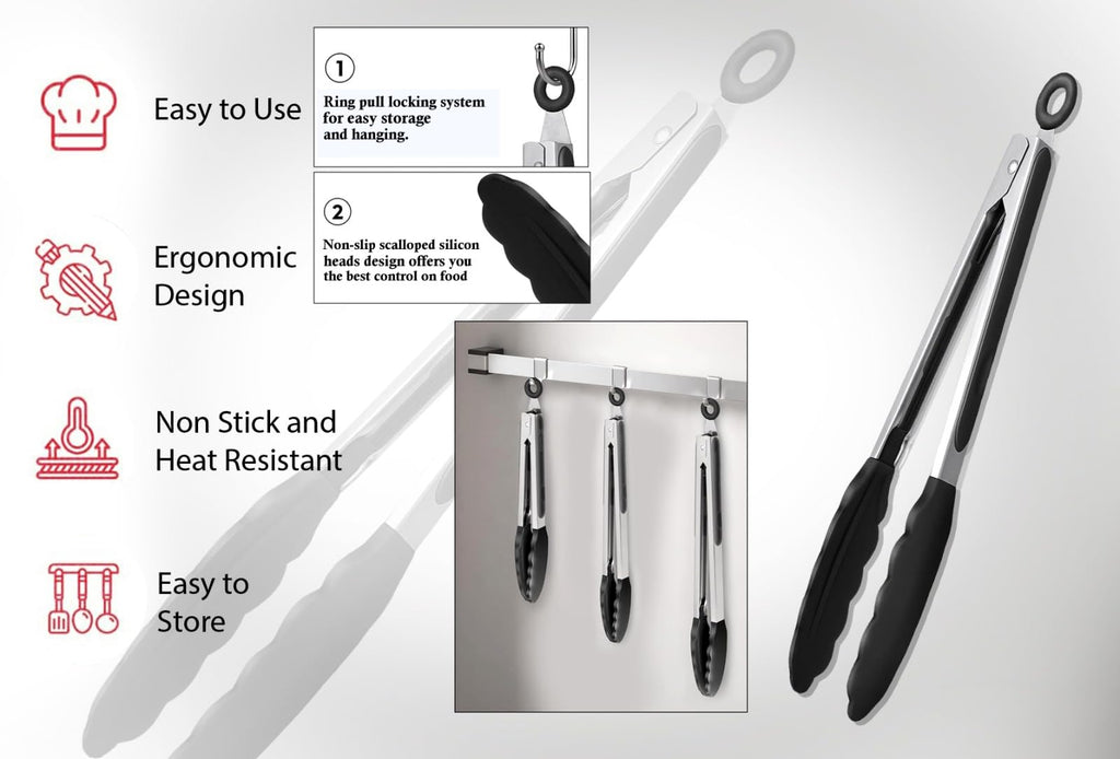 Black Stainless Steel Tongs Set – 7”, 9” & 12” Heat Resistant Kitchen Tongs with Silicone Tip, Strong Grip for Cooking, Salad Tossing, Air Fryer, BBQ & Grill – Pull Lock, Black – Set of 3