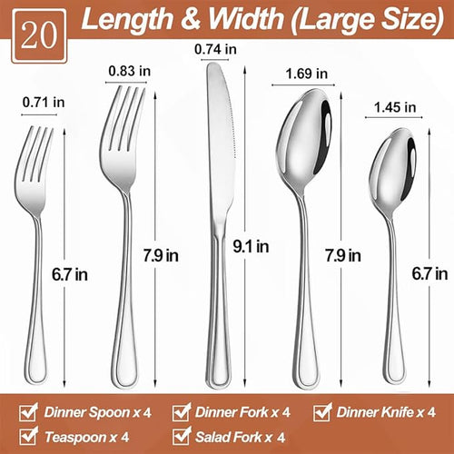20 Pcs Silverware Set for 4, Food Grade Stainless Steel Flatware Set, Eating Utensils Sets Include Fork/Knife/Spoon, Reusable Cutlery Set for Home Kitchen, Dishwasher Safe, Double-stripe