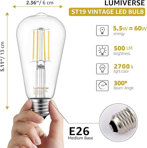 16 Pack ST19 Dimmable LED Edison Bulb, 5.5W (60W Equivalent), 500LM, CRI 95+, 2700K Soft White, E26 Medium Base, Vintage Filament, Clear Glass, Standard Type A Lamp, for Kitchen, Bathroom, Bedroom