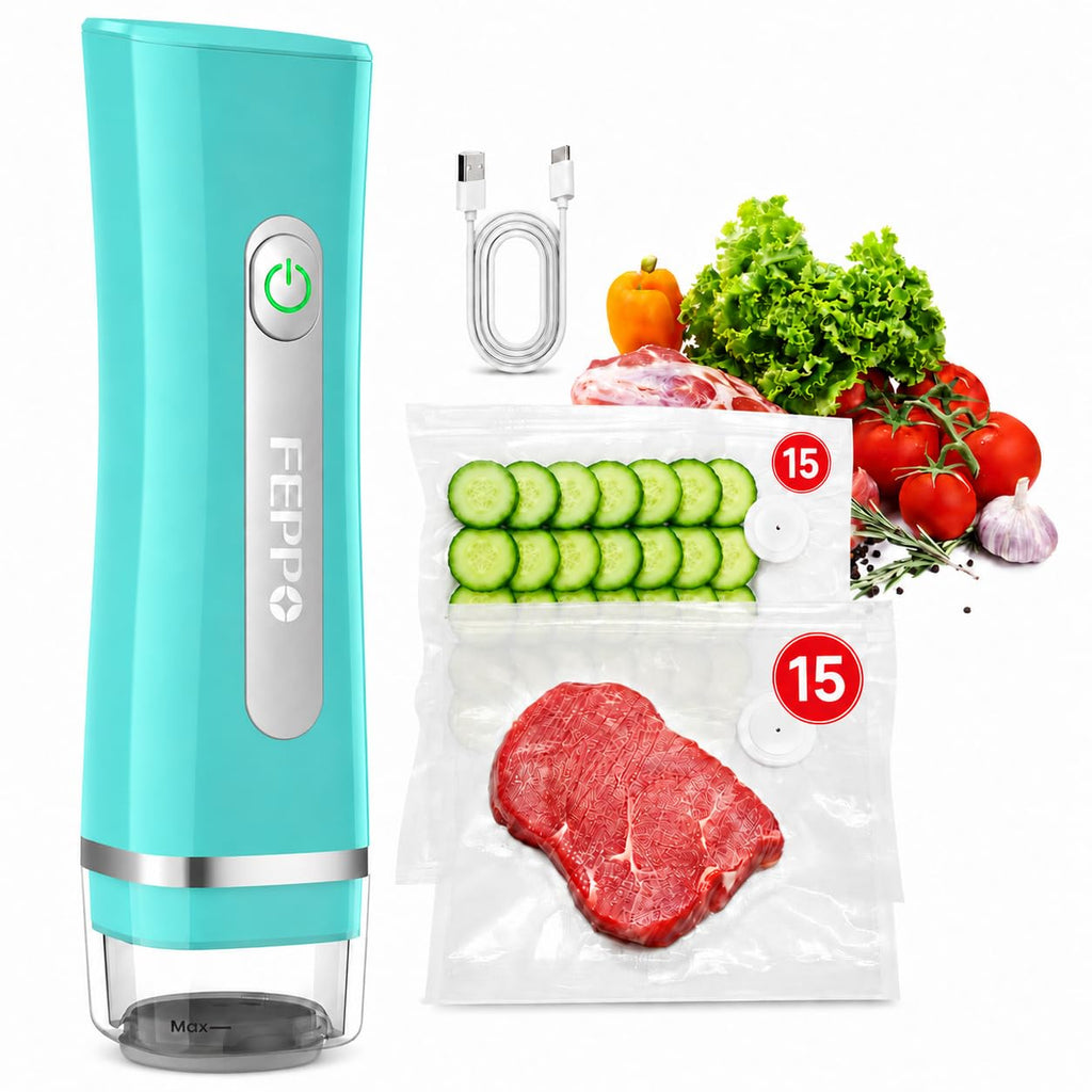 FEPPO Vacuum Sealer for Food with Visible Water Tank, Handheld Saver Compact Vacuum Sealer Machine with 30 Reusable Bags for 6X Preservation & Fresh, Teal