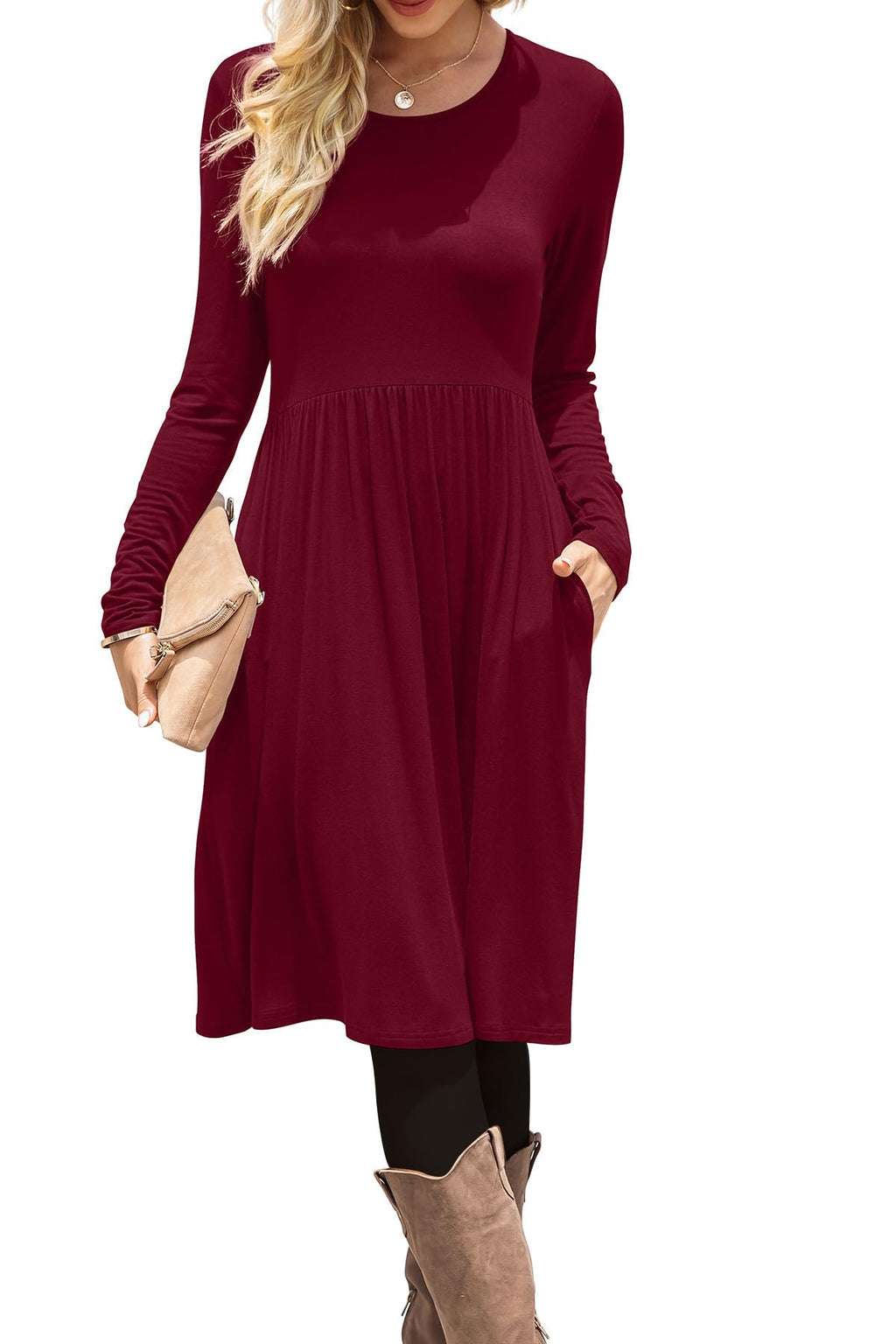 DB MOON Women Casual Long Sleeve Dresses Empire Waist Knee Length Loose Dress with Pockets (Wine Red, 3XL)