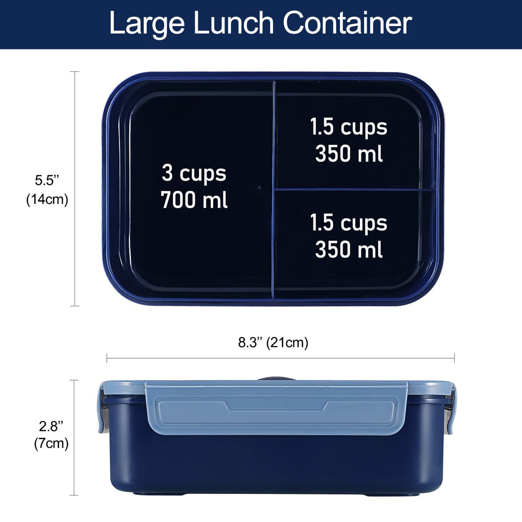 Caperci Classic Bento Box Adult Lunch Box for Older Kids - Leakpoof 47 oz 3-Compartment Containers for Adults and Teens, Built-in Utensil Set, Ideal for On-the-Go Balanced Eating, Navy Blue