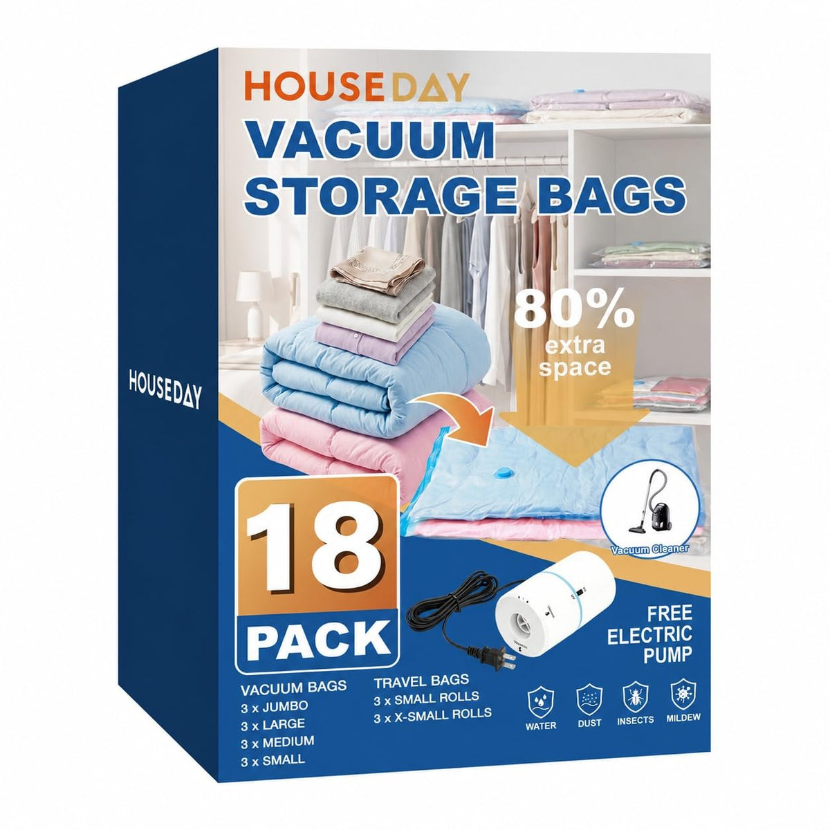 HOUSE DAY 22 Pack Vacuum Storage Bags with Pump,Space Saving Vacuum Seal Bags For Clothing Travel,4 Jumbo/4 Large/4 Medium/4 Small, 2S/2XS/2XXS Roll Up Bags, Hand Pump Included, Sealer Clothes Storage