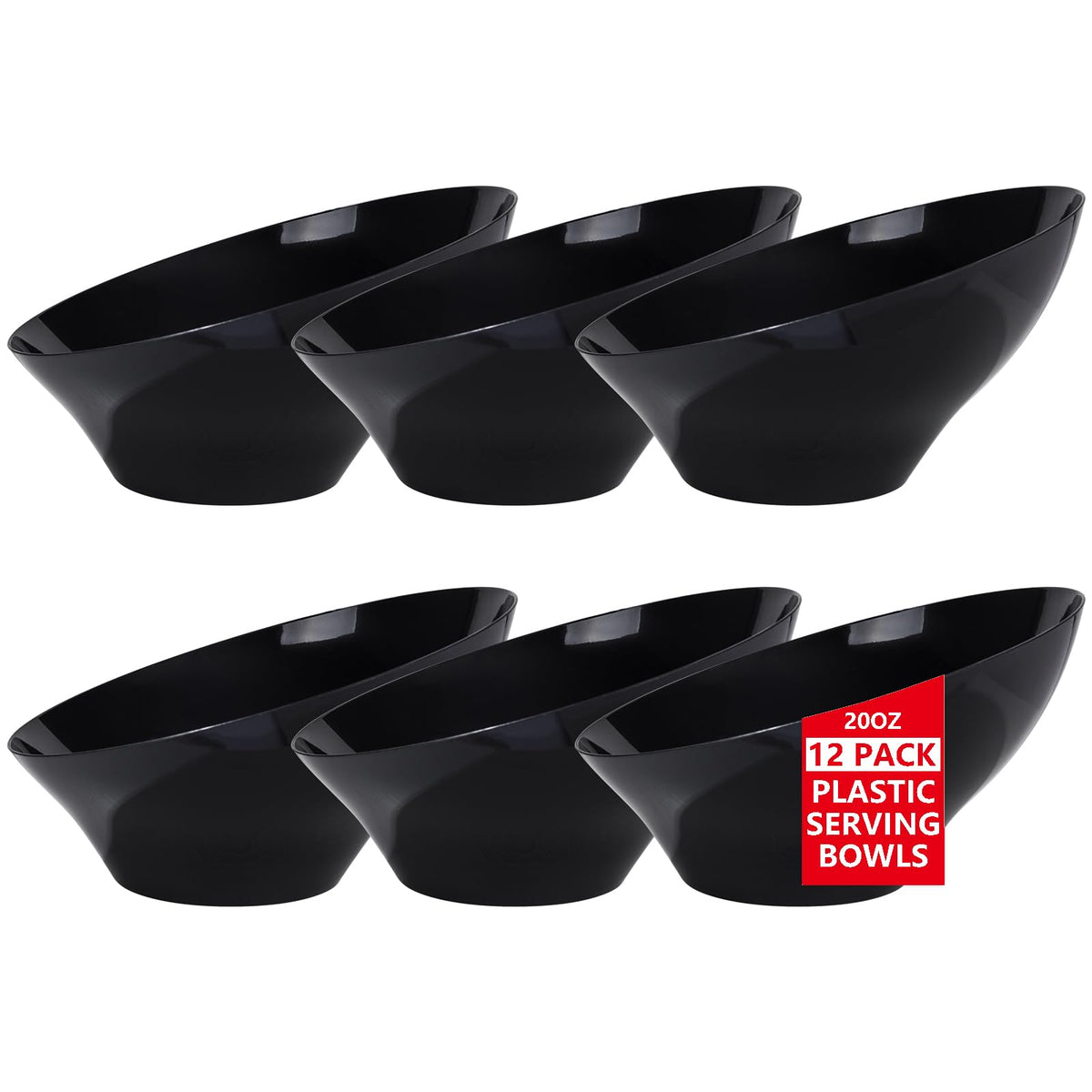 bUCLA 12 Pack Black Plastic Serving Bowls - 20 OZ Angled Bowls Disposable for Chip,Candy,Salad and Fruit - Ideal for Wedding, Party & Graduation