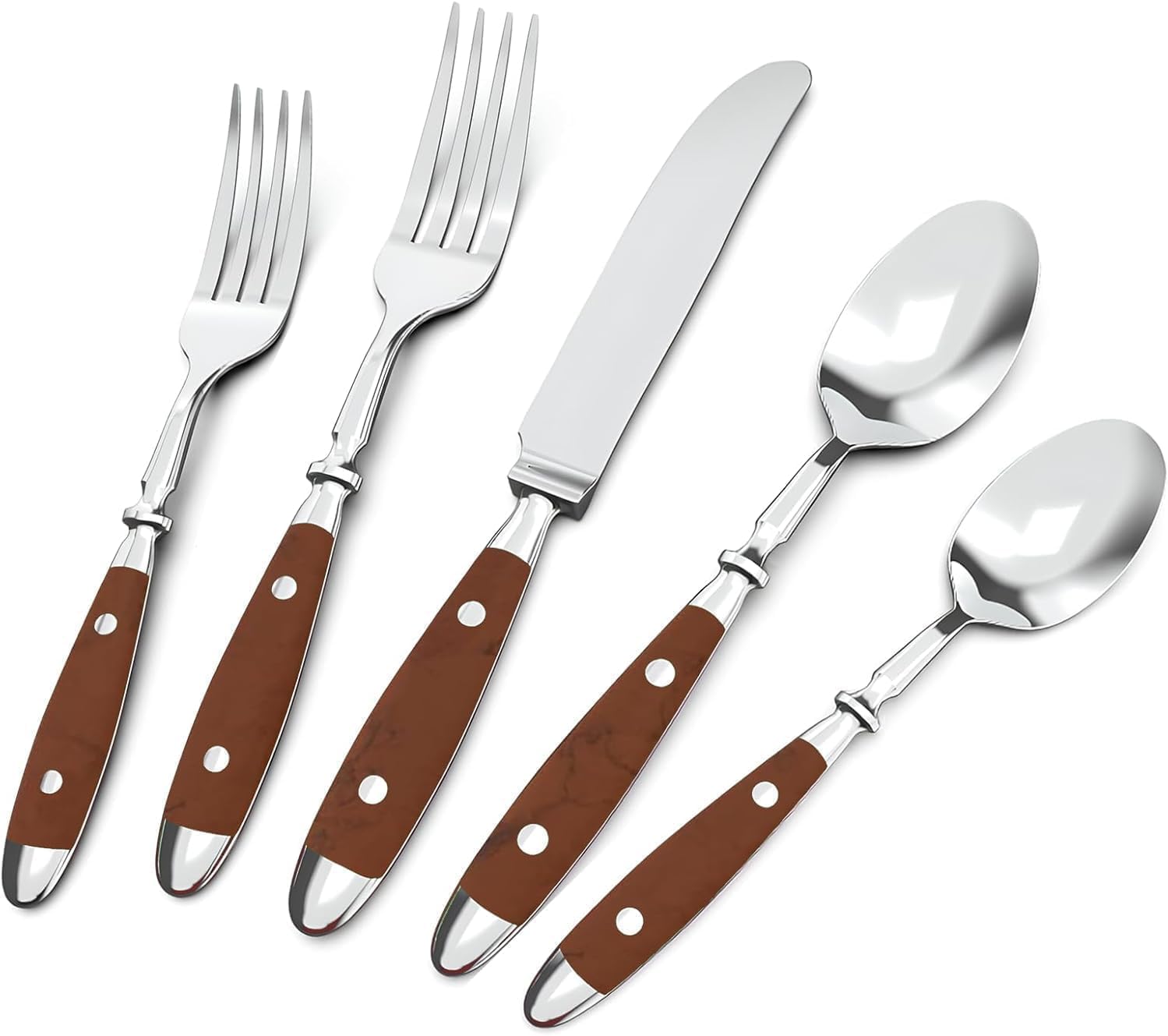 QUEARI Silverware Set For 8 with Two Rivets, Vintage 40-Piece Everyday Flatware Set with Brown Bakelite Handle, Stainless Steel Cutlery Set, Dishwasher Safe, Knives Spoons and Forks Set