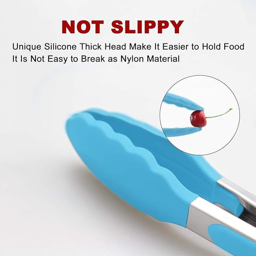 2 Pack Silicone Kitchen Tongs – 9" & 12" Set, Heat Resistant up to 500°F, Non‑Stick Cookware Safe, Wavy Silicone Tips, BPA Free, Locking Clip & Hanging Loop, Blue