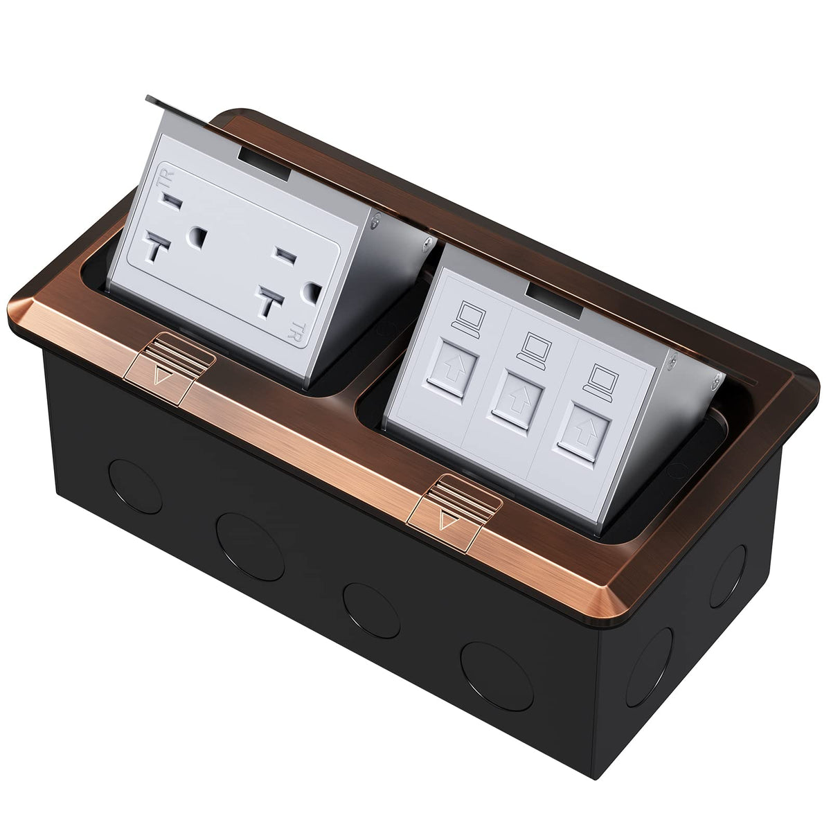KYHSHJ Dual Pop-Up Floor Electrical Outlet Box Kit，20 Amp Stainless Steel GFCI TR Receptacle Outlet，3-Port RJ45 Datacom Receptacle， Black
