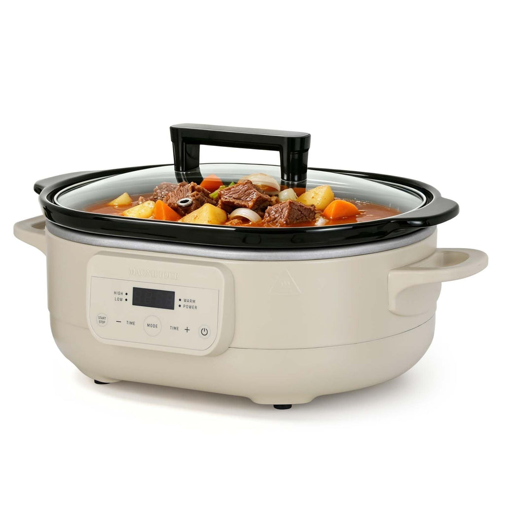 MAGNIFIQUE 6 Quart Programmable Slow Cooker Removable Healthy Nonstick Pot - Small Kitchen Appliance for Family Dinners - Serves 6+ People - Heat Settings: Keep Warm Brown Sugar