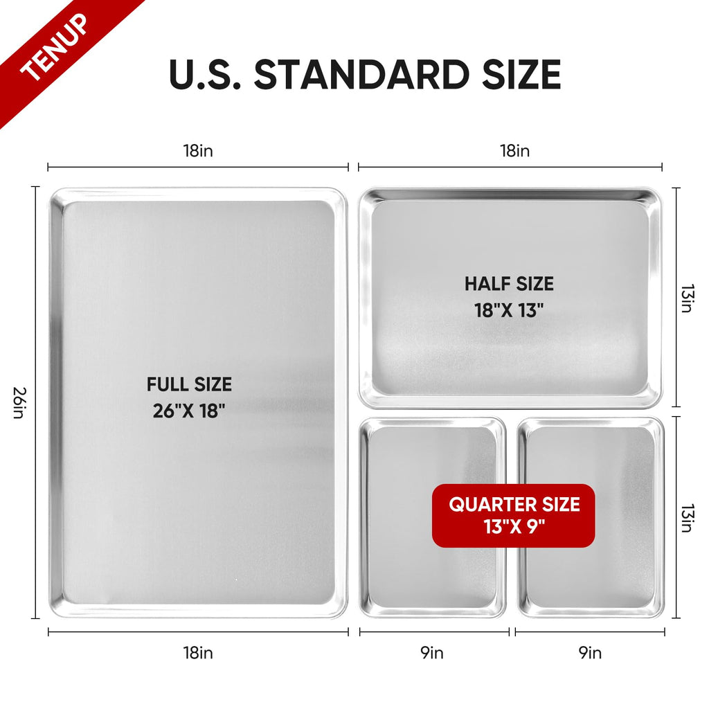 TENUP 6 Pack Aluminum Quarter Sheet Pan, 13" x 9" Heavy Duty Commercial Baking Tray Reinforced Rim, Warp-Resistant Rust-Free