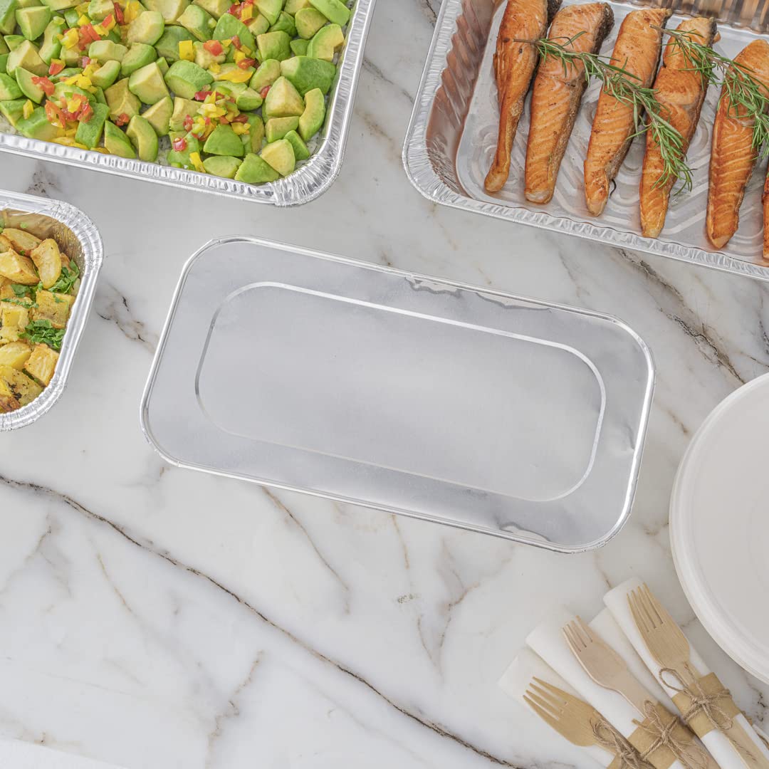 Restaurantware Aluminum Pan Cover 25 Count 12.69 x 6.56 Inch Oven Friendly Disposable Pan Lid 1/3 Size Foil Lid Temperature-Sealing Silver For Catering And Food Storage