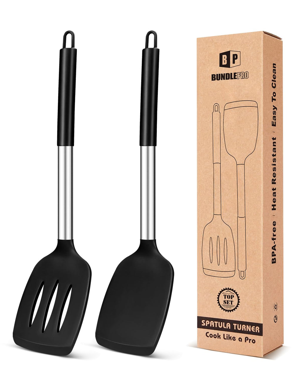 Pack of 2 Silicone Solid Turner, Non Stick Slotted Kitchen Spatulas, High Heat Resistant BPA Free Cooking Utensils, Ideal Cookware for Fish, Eggs, Pancakes(Gray)