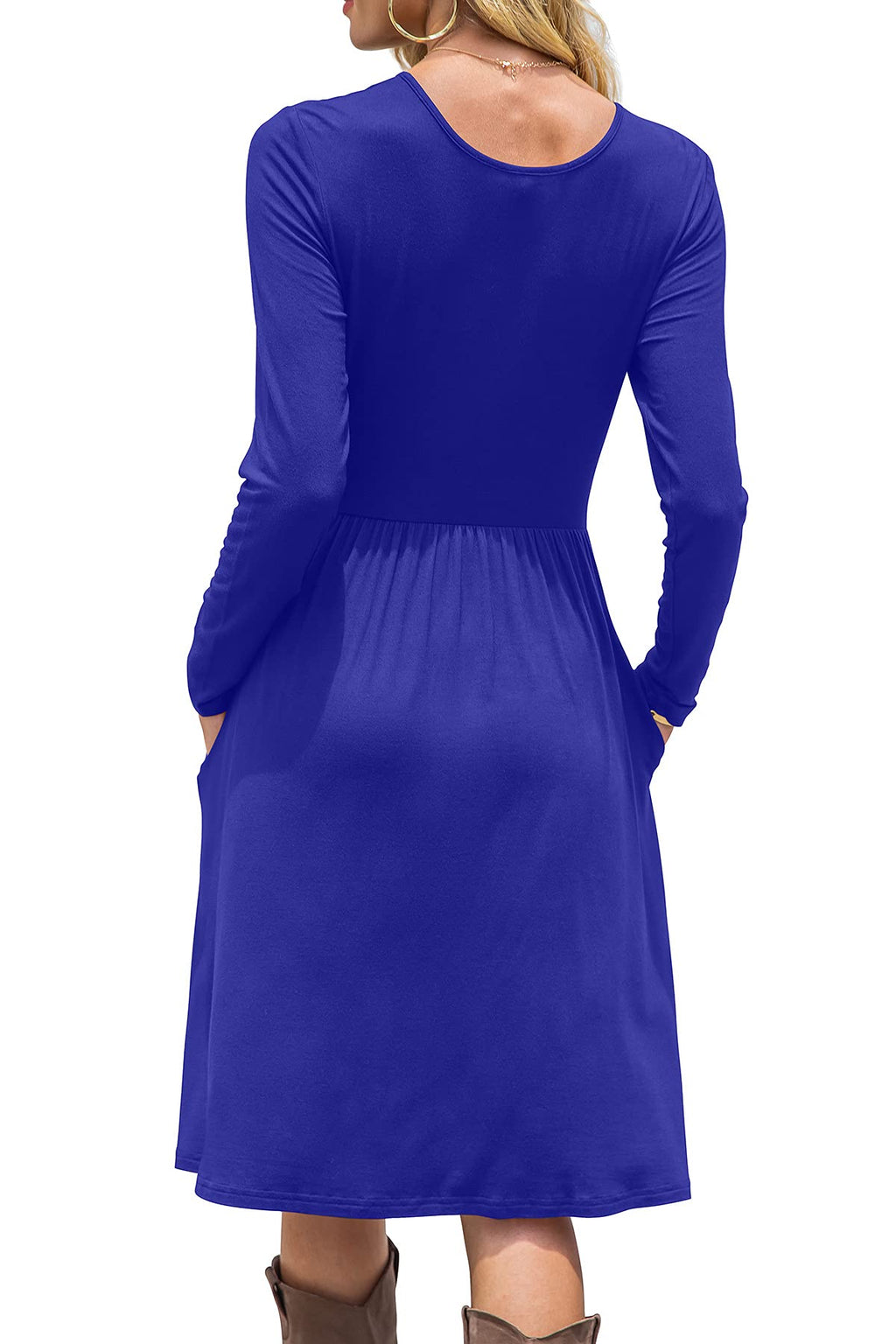 DB MOON Women Casual Long Sleeve Dresses Empire Waist Loose Dress with Pockets (Royal Blue, M)