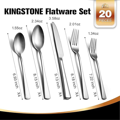 18/10 Flatware set for 4, 20 Piece Matte Stainless Steel Silverware Set