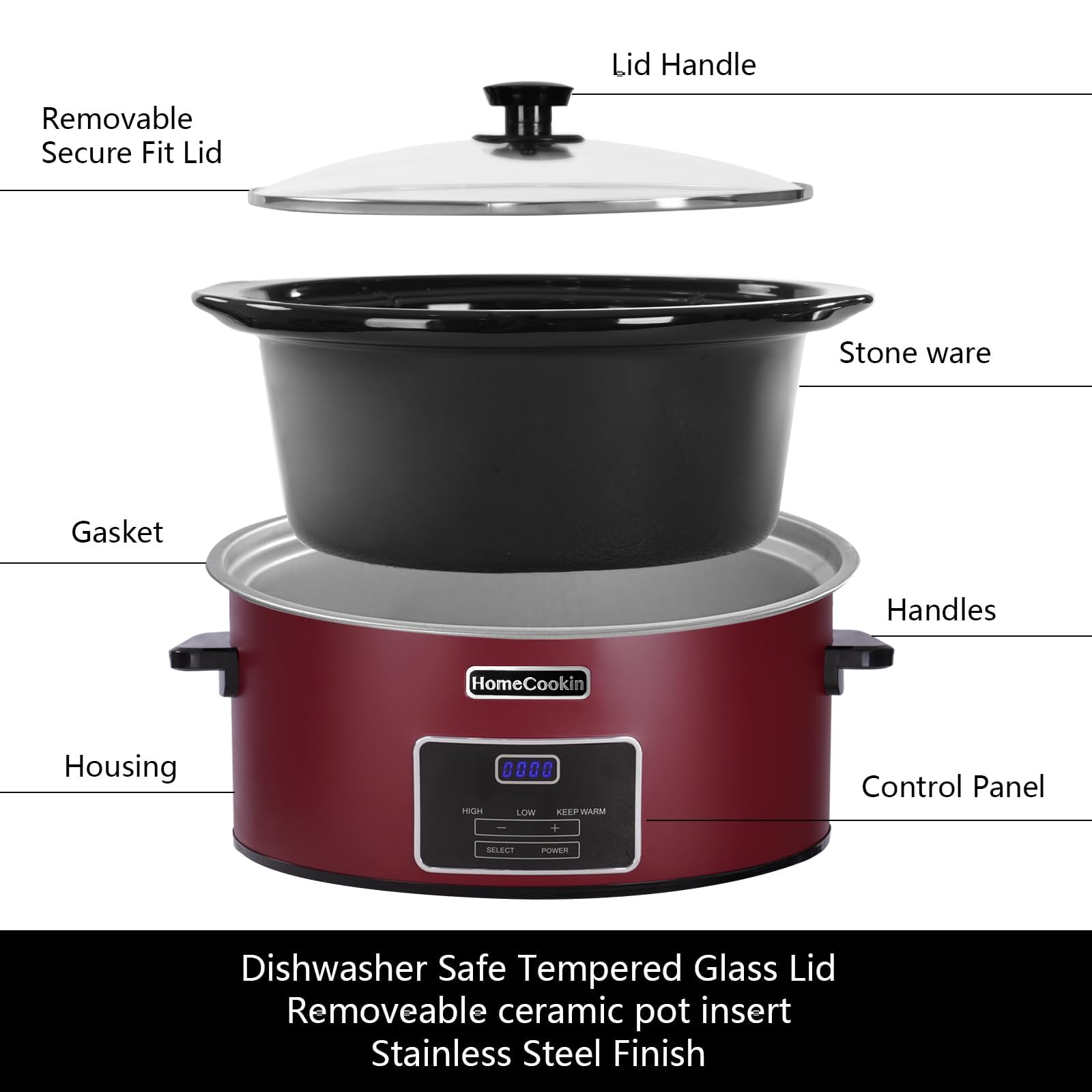 HOMECOOKIN 6 Quart Programmable Slow Cooker, Kitchen Appliances, Perfect Kitchen Small Appliance for Family Dinners, Red Stainless Steel