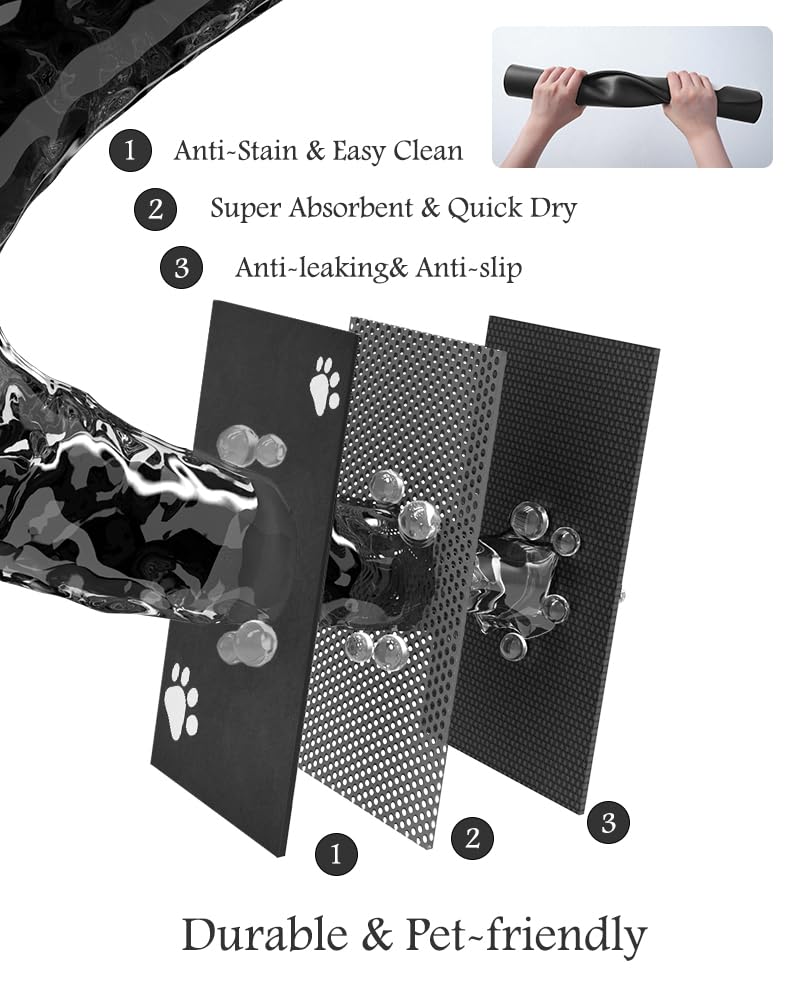 Pet Feeding Mat-Absorbent Dog Mat for Food and Water Bowl-No Stains Quick Dry Water Dispenser Mat-Dog Accessories Pet Supplies-Bowl for Messy Drinkers（Black,12"x19"