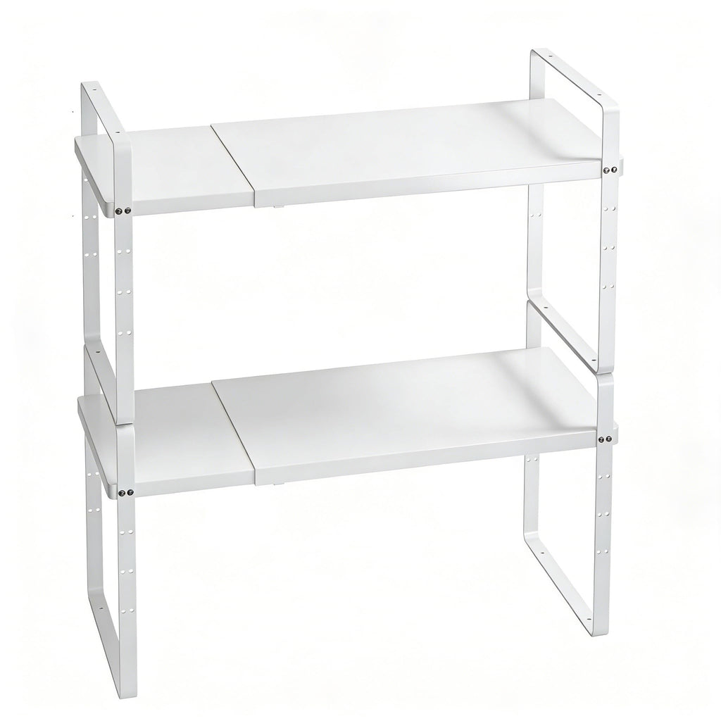 KIKIBRO Expandable Cabinet Shelf Organizer, Stackable Kitchen Pantry Counter Storage, Adjustable Closet Cupboard Stand Rack Risers Spice Organization 80LBS Heavy Duty Black Large 2 Pack