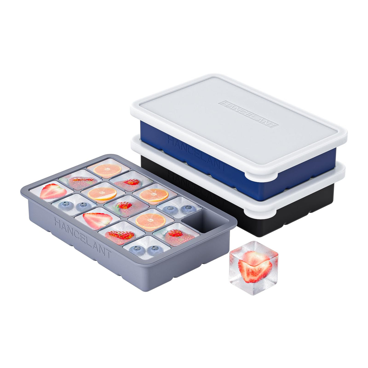 Silicone Ice Cube Tray 2 Pack, HANCELANT Ice Cube Mold, Ice Trays for Freezer with Lid for Whiskey, Cocktail, Drinks and Food, Freezer, BPA Free, Easy Release