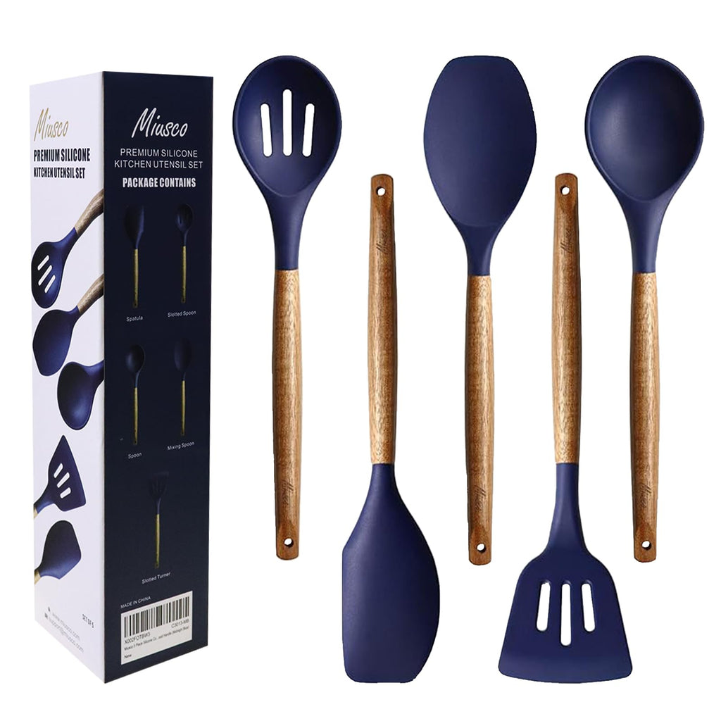 Miusco Non-Stick Silicone Cooking Utensils Set with Natural Acacia Hard Wood Handle, 5 Piece, High Heat Resistant (Green)