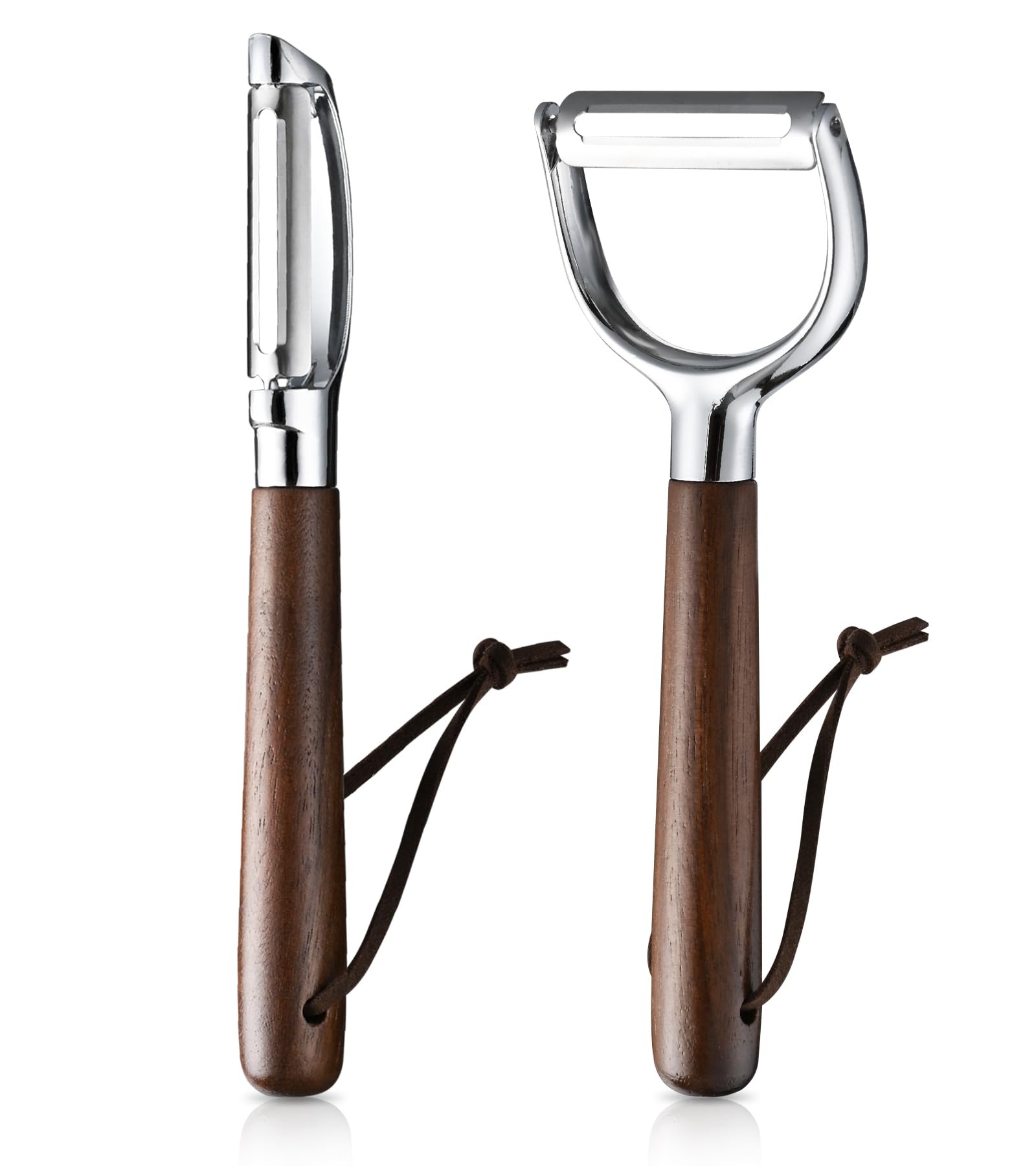 Ugotit Fruit Vegetable Peeler Set for Kitchen, Stainless Steel Potato Peelers Ultra Sharp Swivel Blade, Premium Real Wood Handle Leather Strap (Y&I Shaped)