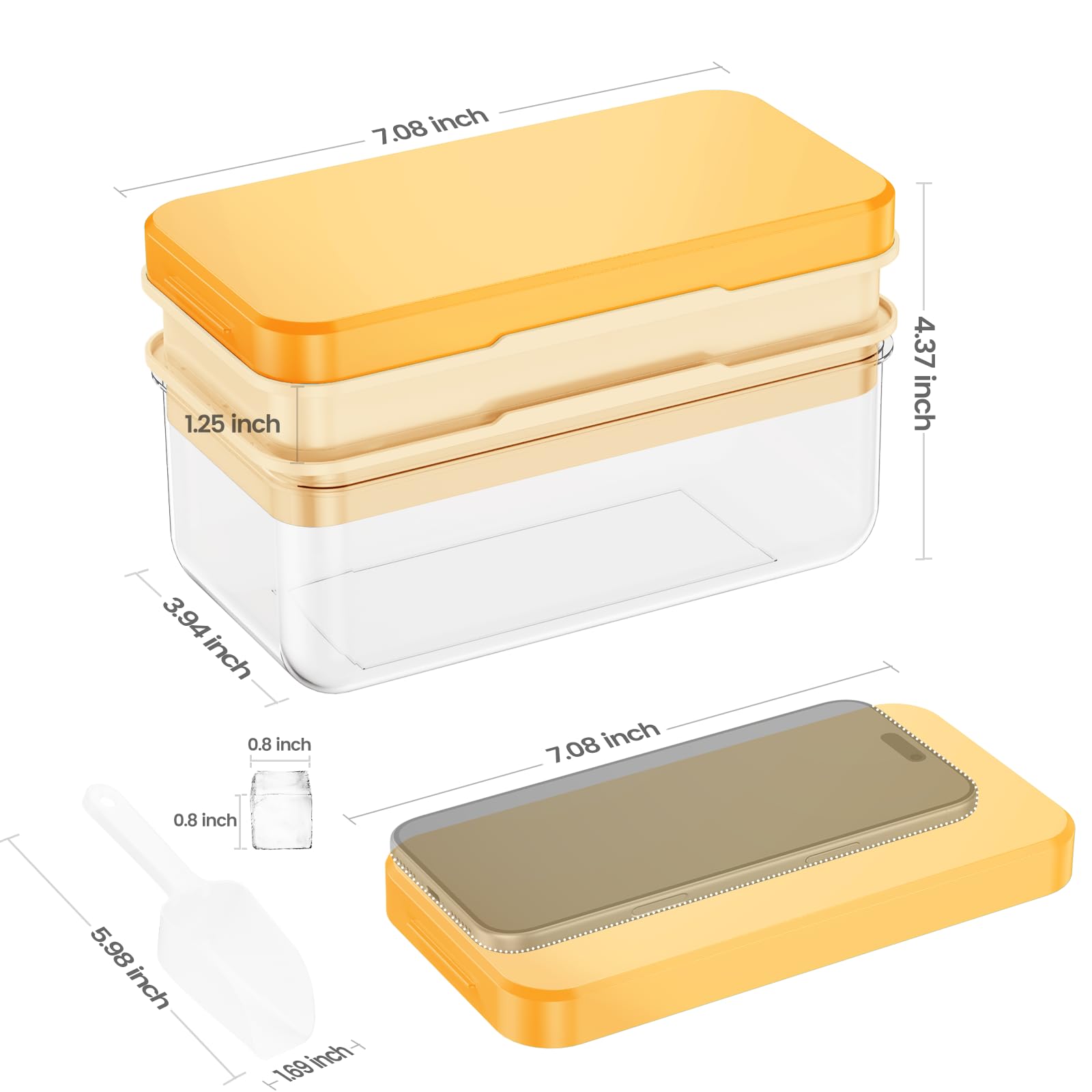 0.8“ Ice Cube Tray with Lid and Bin, PHINOX 56 Cubes Ice Trays for Freezer, Ice Cube Trays for Freezer with 2 trays, Container, Lid & Ice Scoop, BPA Free, Yellow(28Cubes/Tier)
