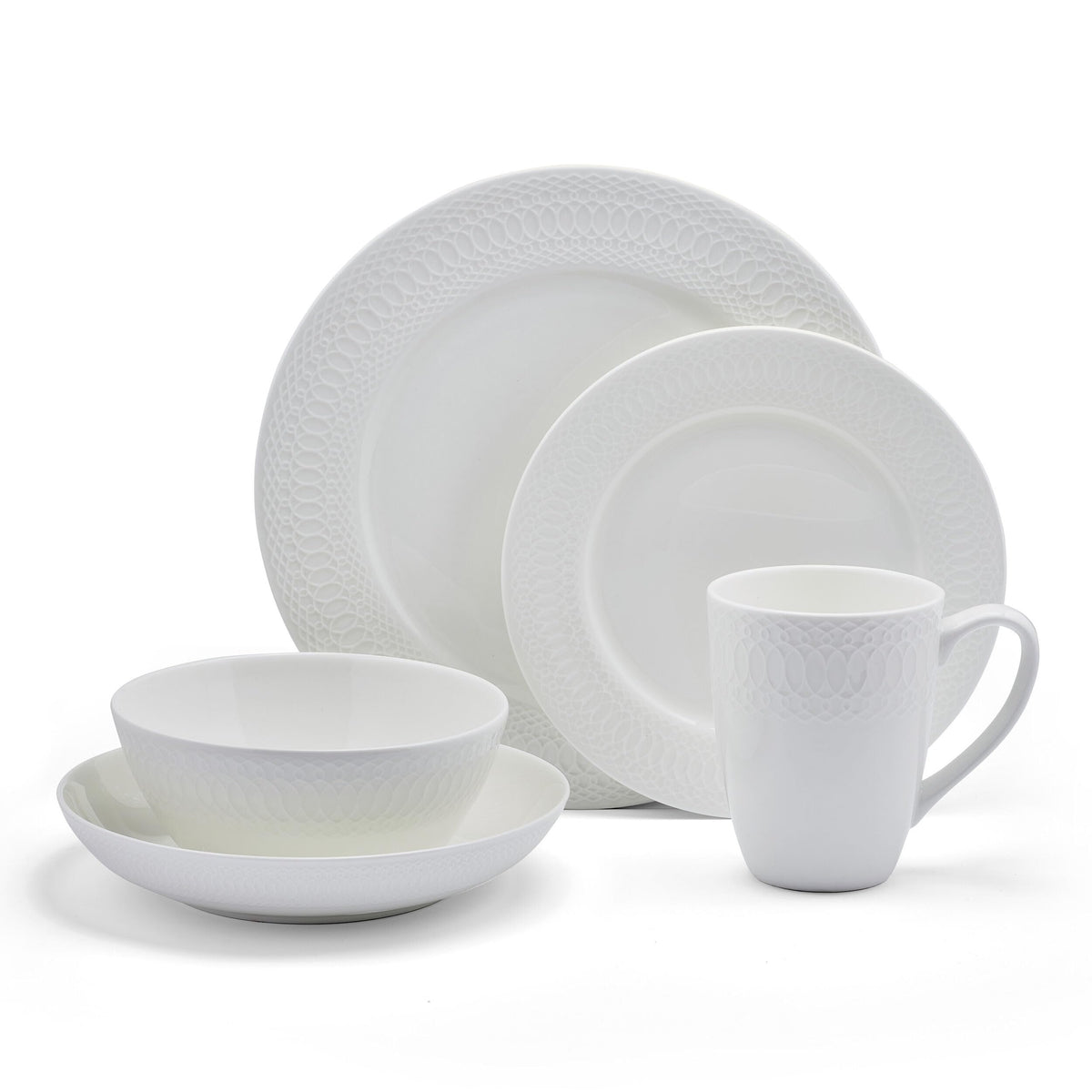 Mikasa Levi 40 Piece Bone China Dinnerware Set, Embossed Plates Bowls, Chip-Resistant, Lightweight, Elegant and Durable, Service for 8, White