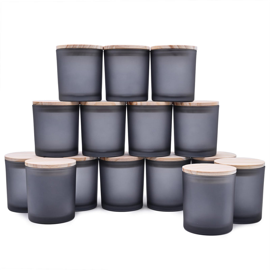 SHOWIN 10 OZ Thick Candle Jars for Making Candles 15 Pcs, Empty Jars with Wood Lids for Candle Making, Sample Container, Frosted Grey