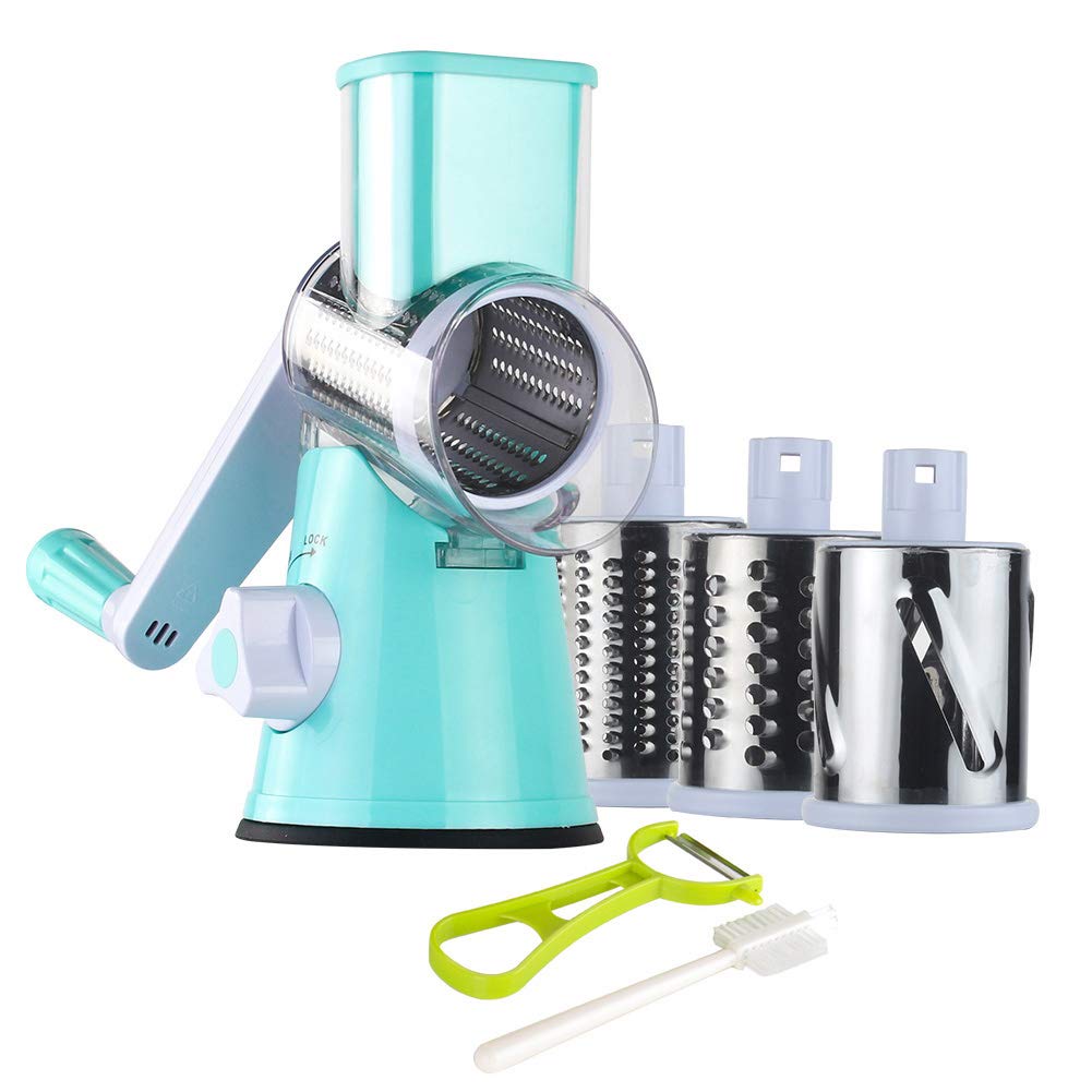 Ourokhome Rotary Cheese Grater Hand Crank, Kitchen Shredder Speed Mandolin Slicer Nut Grinder with Handle and Drum Blades for Cheese, Vegetable, Walnut, Chocolate, Potato, Carrot, 3 Blades, Red