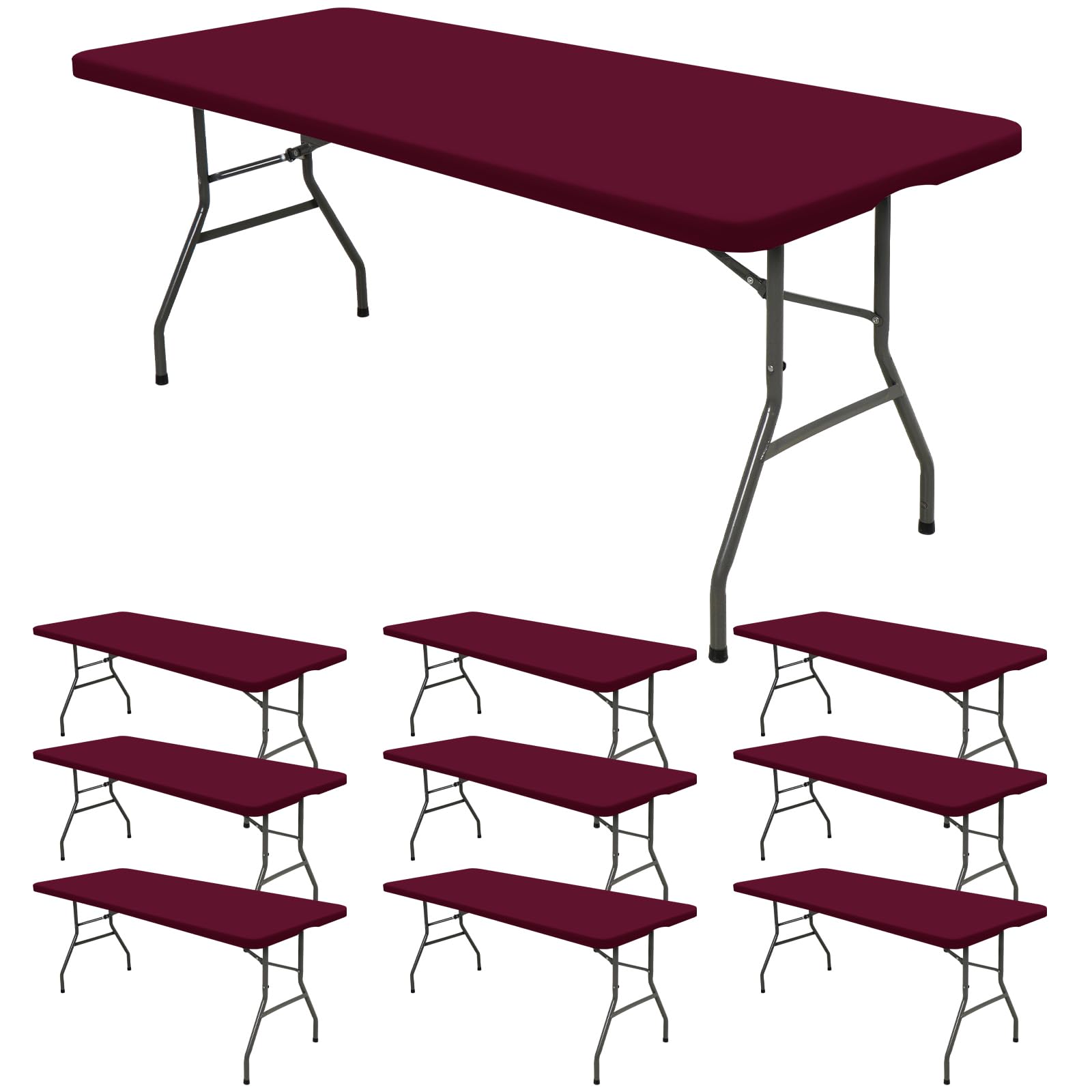10 Pack Fitted Tablecloth for 8 Foot Rectangle Tables, Wine Red Elastic Outdoor Picnic Table Cover, Washable Stretch Folding Table Cloths 8 ft for Camping Party Patio Kitchen Banquet, 30" W x 96" L