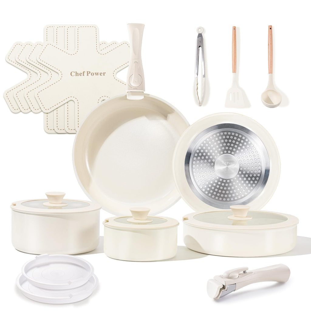 Chef Power Ceramic Cookware Set, 19 PCS Detachable Non Stick Pots and Pans