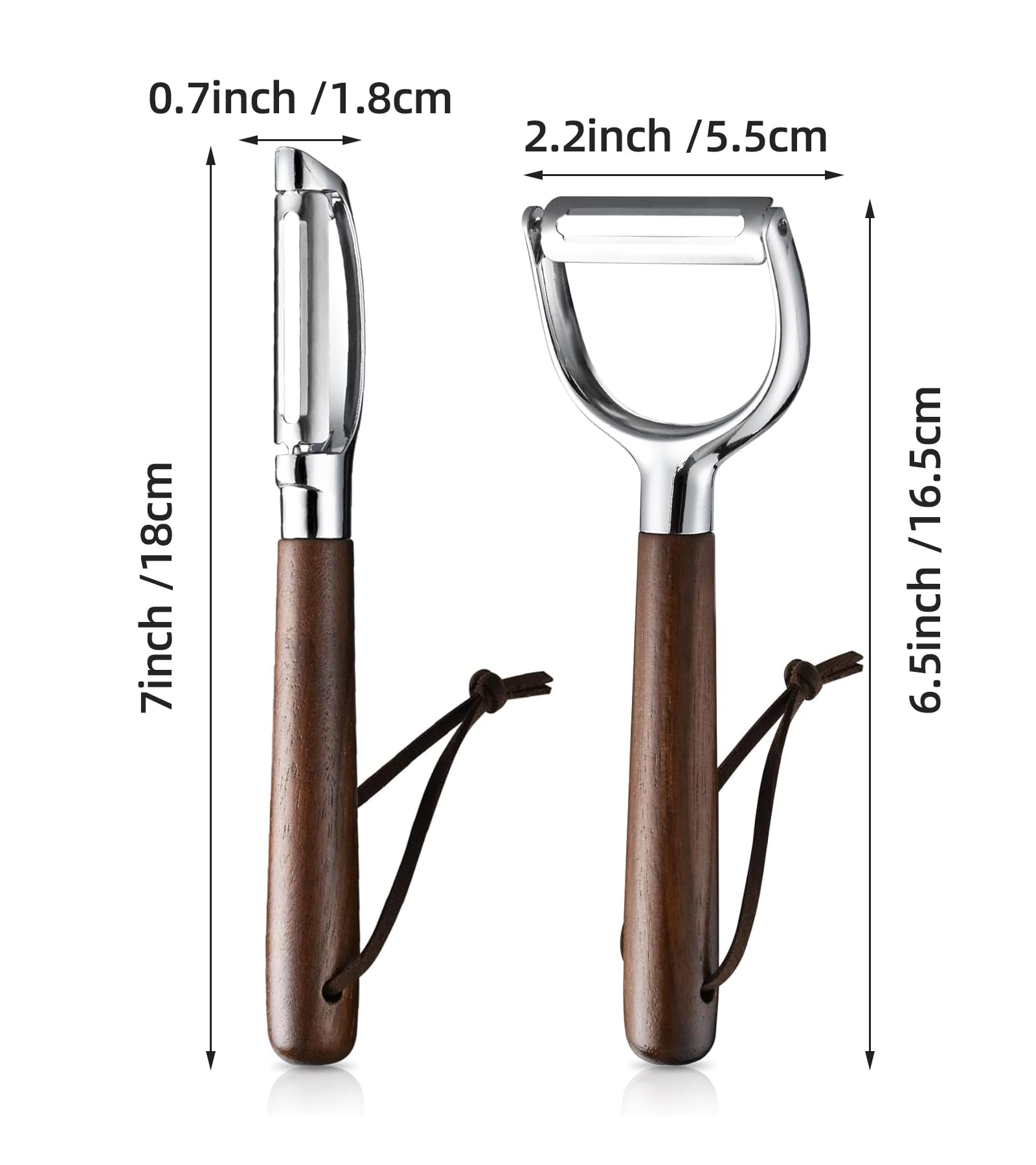 Ugotit Fruit Vegetable Peeler Set for Kitchen, Stainless Steel Potato Peelers Ultra Sharp Swivel Blade, Premium Real Wood Handle Leather Strap (Y&I Shaped)
