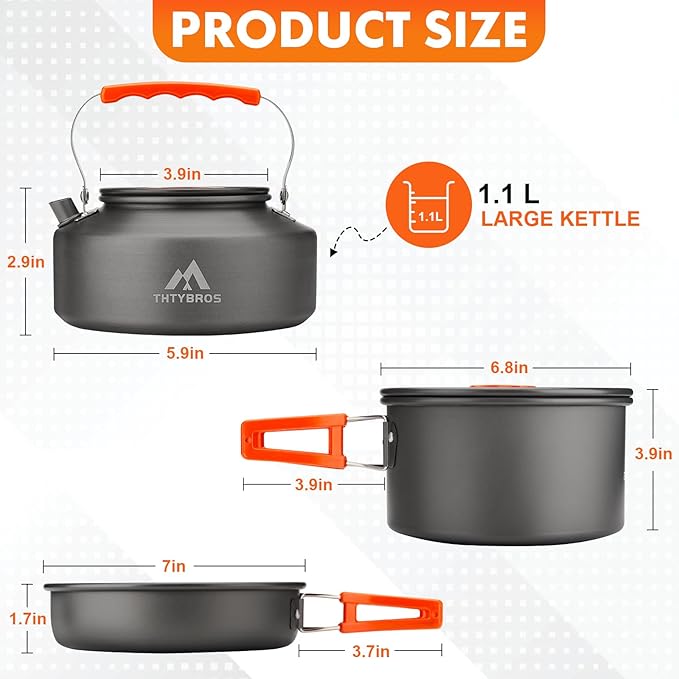 17pcs Camping Cookware Kit, 0.45Gal Pot, 7inches Pan,0.30Gal Kettle Set with 2 Set Stainless Steel Cups Plates Forks Knives Spoons for Hiking