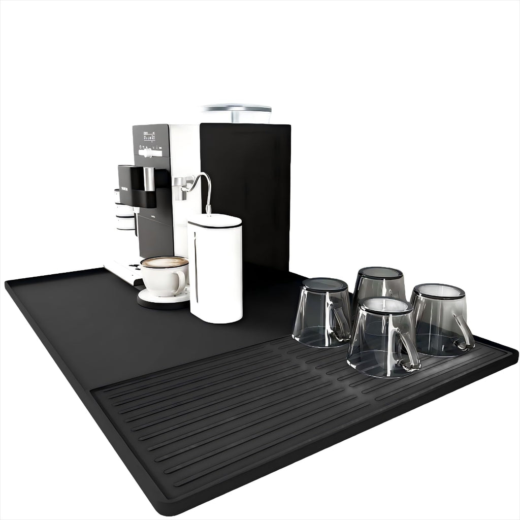 Seoodn Silicone Coffee Mat, 24''x16' with Removable Dry Drying Pad - Fits Coffee Maker and Kitchen Station Mat Accessories, Under Dish Handle; black