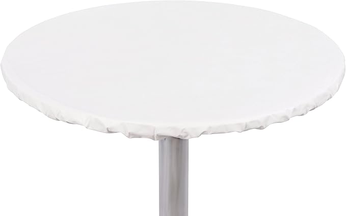 Yourtablecloth Heavy Duty Vinyl Round Fitted Tablecloth (Table Cover) with Flannel Backing Vibrant Colors Elasticized Tablecloth Great for Indoor and Outdoor Dining and Playing Cards 42” White