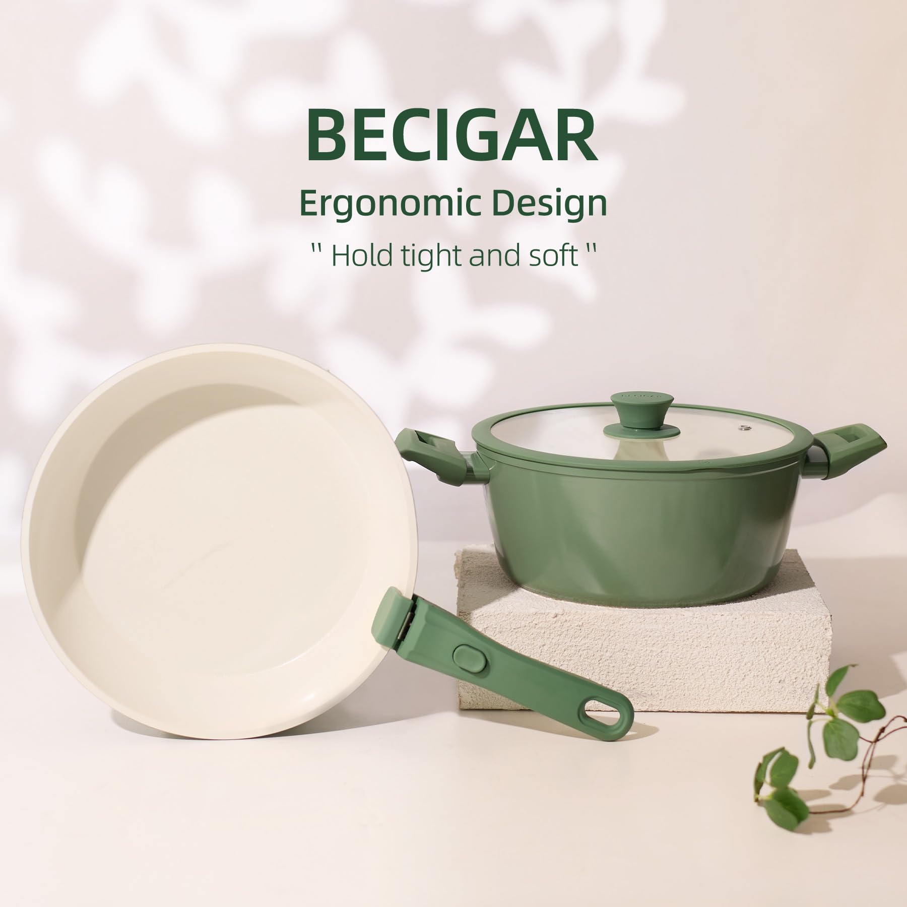 BECIGAR 23pcs Ceramic Pots and Pans Set, Nonstick Detachable Handle Cookware, Induction Kitchen Cooking Set with Removable Handle,include Frying Pans & Saucepans Oven Safe(Green)