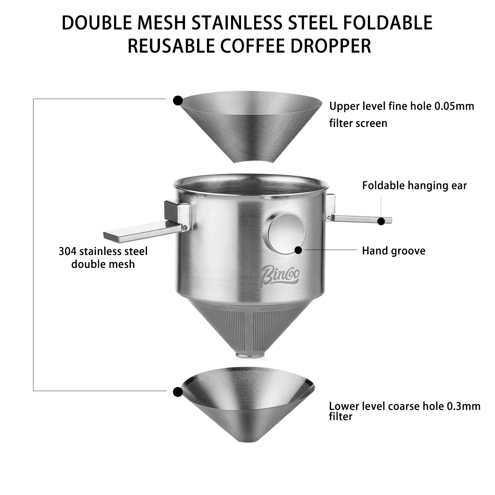 Bincoo Pour Over Coffee Dripper, Portable Stainless Steel Reusable Coffee Filter, Mini Collapsible Paperless Single Serve 1-2 Cup Coffee Dripper Cup Easy To Clean For Travel Camping Offices