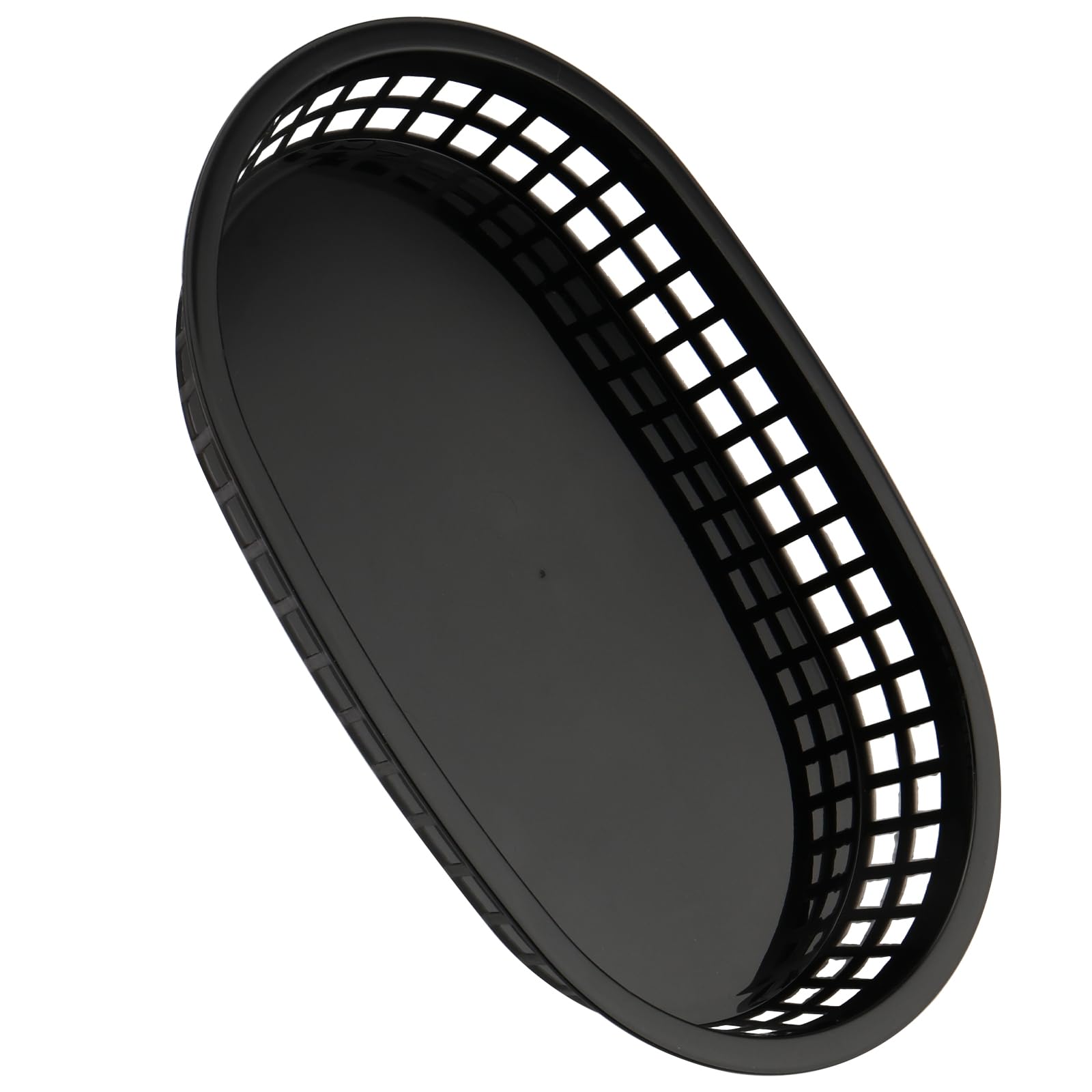 HEIHAK 30 Pack 10.5 x 7 Inch Black Plastic Fast Food Baskets, Restaurant Serving Baskets, Flat Oval Fast Food Serving Basket for Picnic, Deli Serving, Chicken, Burgers and Fries